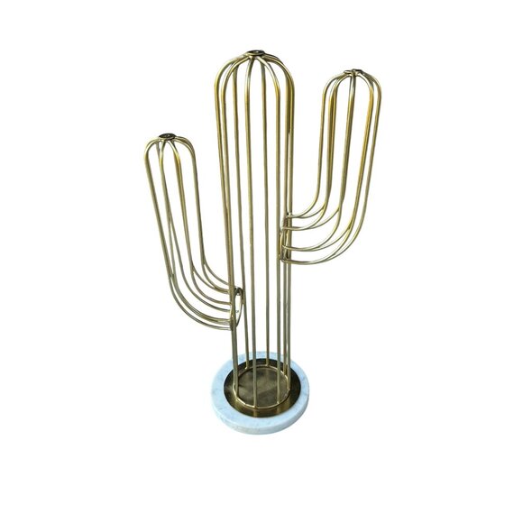 Gold Brass Cactus Sculpture With White Marble Base Modern Art Decor - Picture 4 of 9